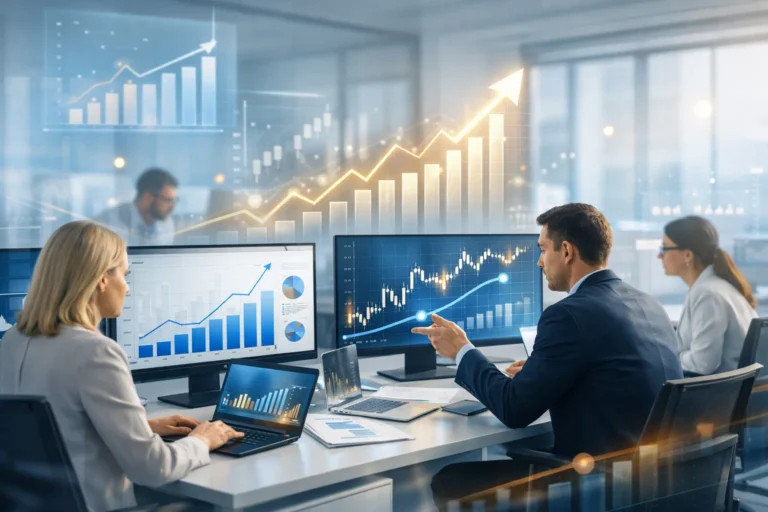 Financial SEO performance analysis by a professional team reviewing growth charts and analytics dashboards.
