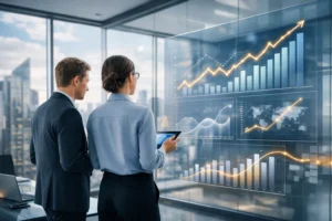 Forex SEO performance growth analysis showing rising organic traffic and CFD trading metrics on digital dashboards.