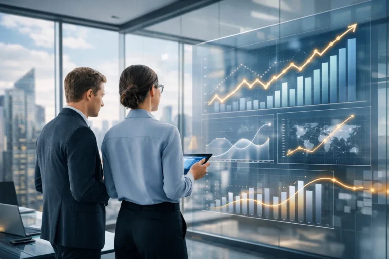 Forex SEO performance growth analysis showing rising organic traffic and CFD trading metrics on digital dashboards.