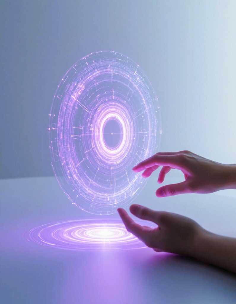 The hands interact with a futuristic holographic contact interface in purple tones.